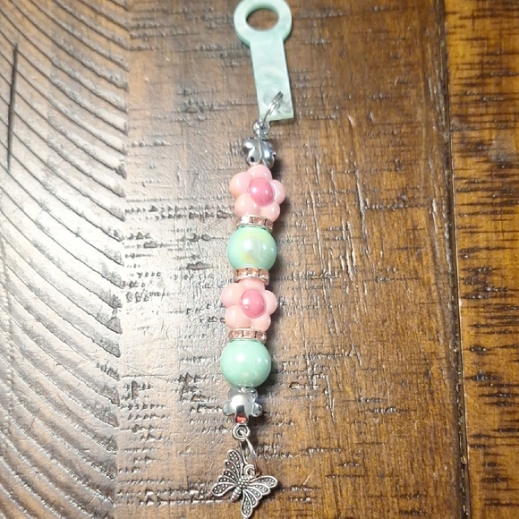 Accessories - Pink and Green Beaded Straw Charm with Butterfly Charm